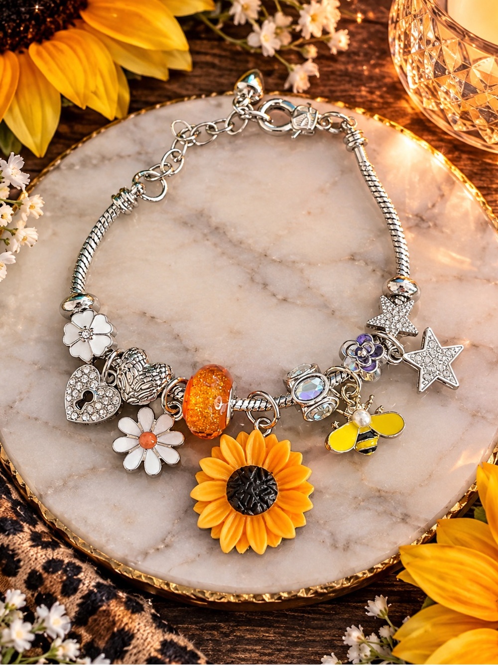 Sunflower Charm Bracelet - Yellow Sunflower & Bee Women Jewelry